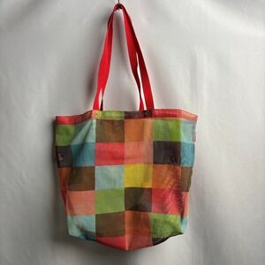 VTG Y2K Old Navy Multi Color Mesh Checkered Plaid Tote Bag Colorful Beach Preppy